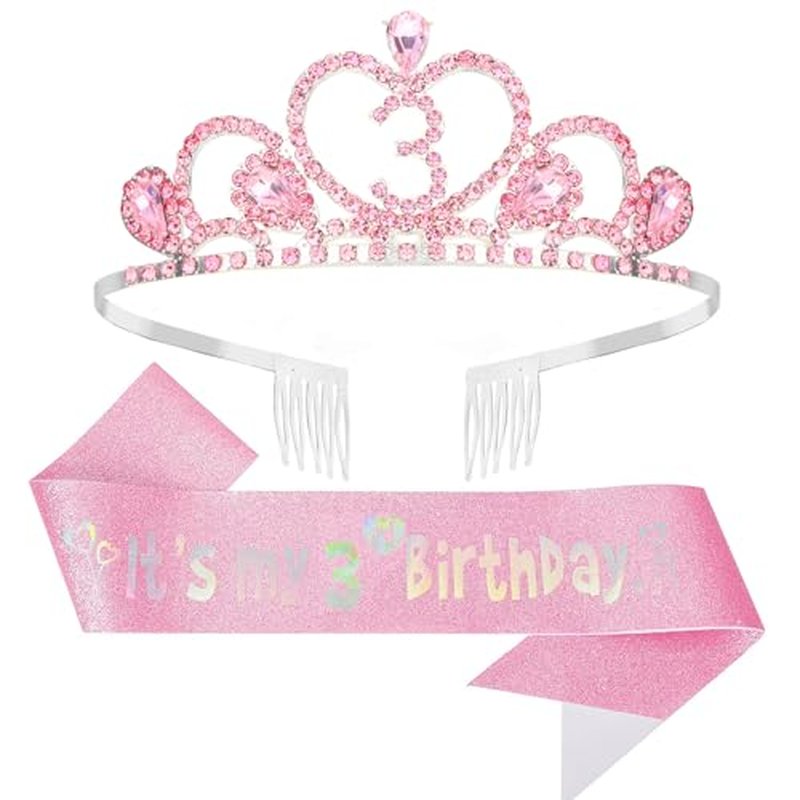 CIEHER 3rd Birthday Crown and Sash Set for Girls - Pink