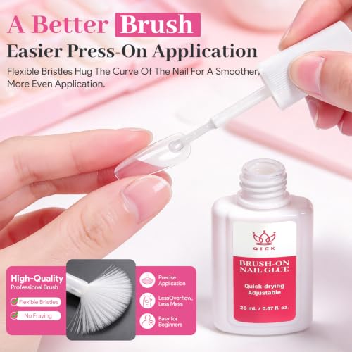 Brush On Nail Glue for Press Ons 20ml – QIEK, No UV Quick-Dry, Clear, Brush Applicator
