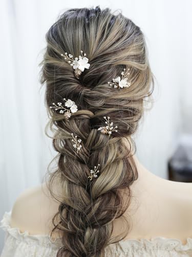 Pearl Bridal Hair Pins Set of 6 - White Flower Design