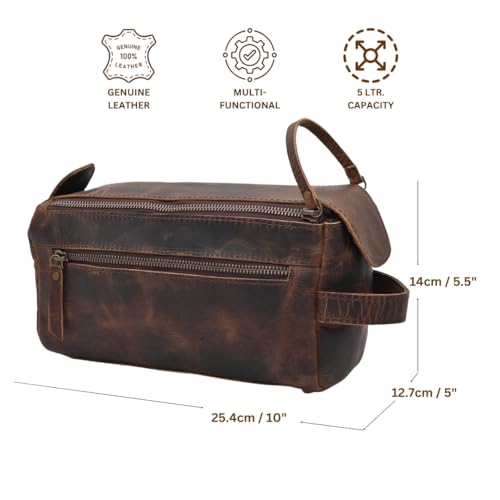 Genuine Buffalo Leather Toiletry Bag Handmade Vintage Distressed Dopp Kit Waterproof Travel Shaving & Cosmetic Organizer Unisex Small