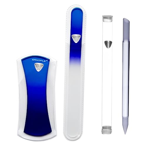 BONA FIDE BEAUTY Blue Czech Glass Nail File Kit 3-Pieces- Glass Curved File (Ergo File), and Cuticle Pusher
