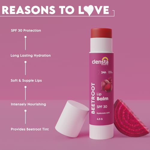 Clensta Beetroot Tinted Lip Balm | SPF 30 with Hyaluronic Acid | 24 Hour Hydration | Nourishing Lip Tint | Moisturizing Lip Balm for Dry & Cracked Lips | 0.16 Oz/4.5g