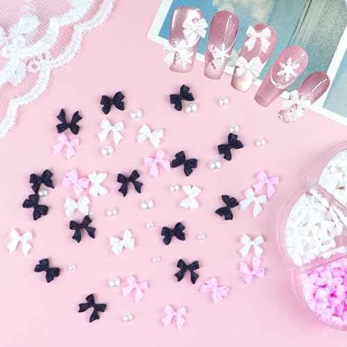 300Pcs 3D Bow Nail Charms and Flatback Pearls Set,Black White Pink Bowknot,Bow-Knot Nail Stud Rhinestones Crystal,Nail Art Charms,Nail Art Supplies,for Manicure DIY,Nail Art Design,Jewelry Decoration
