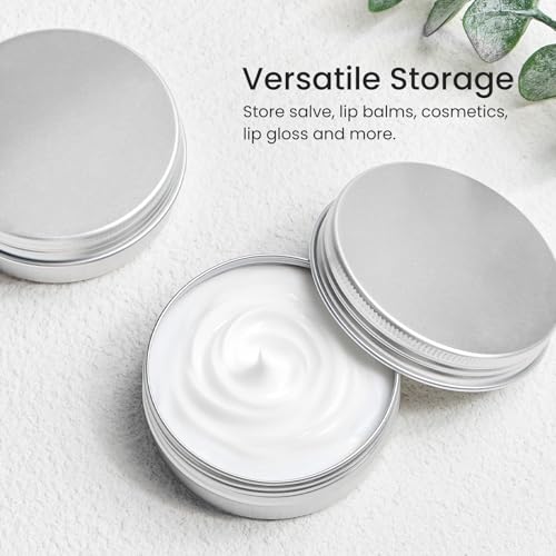 TUZAZO 48Pack 2 Oz Aluminum Tin Cans with Screw Lid and Labels, Refillable Travel Sized Cosmetic Containers Small Tins for Salves, Lotion Bars, Beard Balms, Candles