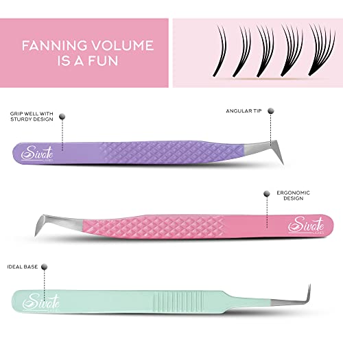 SIVOTE Fiber Tip Lash Extension Tweezers Set of 3 with Leather Pouch