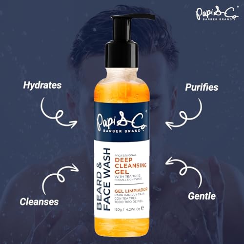 PAPI & CO. - Men's Beard & Face Wash - Deep Cleansing Gel Facial Cleanser - Hydrating Purifying Exfoliating Beard Wash - Moisturizing Conditioner for Itching Relief - Sulfate & Paraben- Free - 4.2 oz