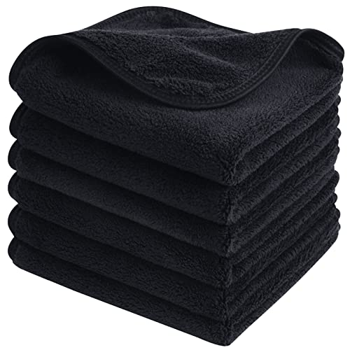 SINLAND Microfiber Face Cloths Reusable Makeup Remover Washcloths Super Soft and Absorbent Fingertip Face Towels for Sensitive Skin Women 12 x 12 Inch 6 Pack Black