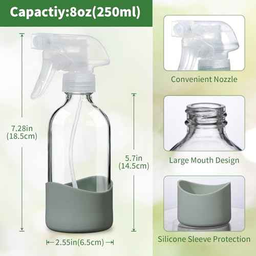 8oz Clear Glass Spray Bottles with Silicone Sleeve?Refillable Spray Bottles for Cleaning Solutions,Hair,Plants&Essential Oils?Leakproof,Adjustable Nozzle,Reusable,Eco-Friendly (1 Pack)