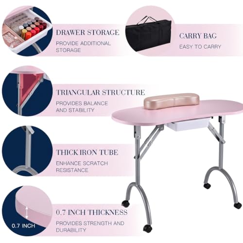 Joligrace Portable Manicure Table with Lockable Wheels & Drawer