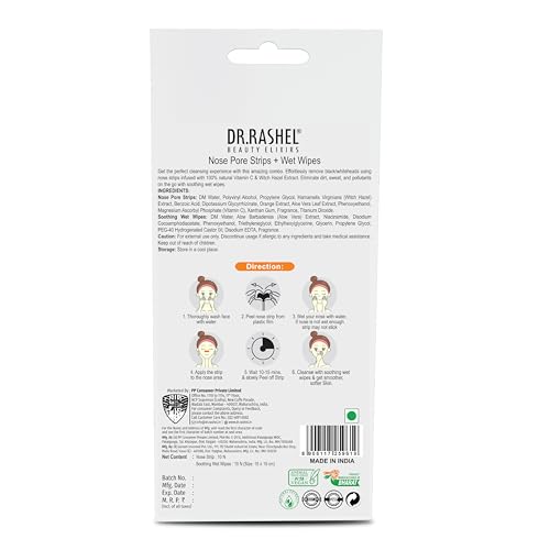 DR.RASHEL Vitamin C Nose Pore Strips For Pore Cleansing, Instant And Painless Blackheads Removal | Deep Purifying Blackhead Remover Strips for Nose | 20 PCS (10 Strips & 10 Wipes)