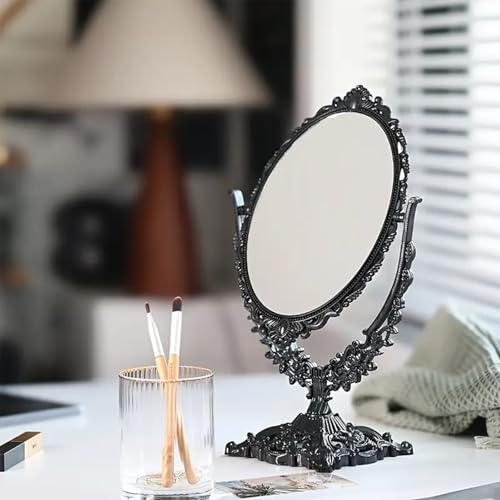 Vintage Black Tabletop Makeup Mirror with Ornate Floral Frame