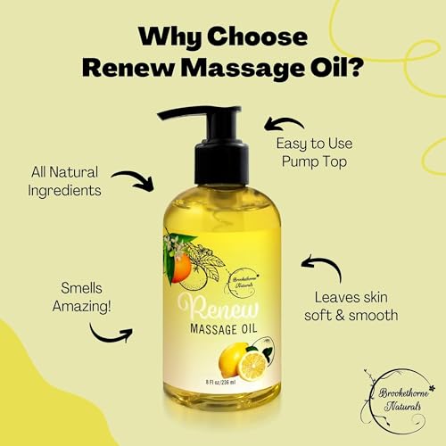 Renew Massage Oil with Orange, Lemon & Peppermint Essential Oils - Great for Massage Therapy or Home use. Ideal for Full Body ? with Almond, Grapeseed & Jojoba ? by Brookethorne Naturals