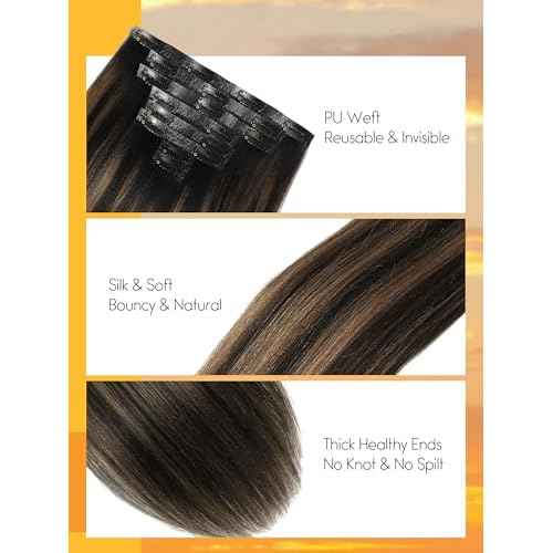 Caliee Yaki Straight Human Hair Clip in Extensions Black Woman Natural Black Mixed Chestnut Brown Yaki Seamless Hair Extensions Clip in Balayage 8 Pcs PU Weft 115G 18 Inch
