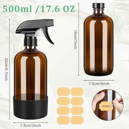 Amber Glass Spray Bottles 3 Pack, 17 oz/500 ml Glass Spray Bottles for Cleaning, Plants, Essential Oils, Hair Care, Refillable Empty Spray Bottle with Adjustable Nozzle for Squirt and Mist