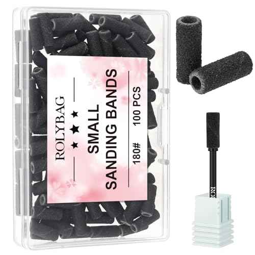 Rolybag 100pcs Small Sanding Bands Nail Drill Bits 180 Fine Grit Nail File Sanding Bands with 3.1mm Mandrel Bit for Acrylic Nails Gel Removing Shaping Professional Manicures and Pedicure,Black