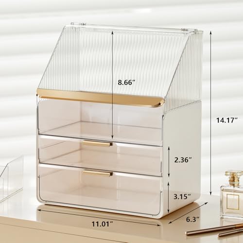 Omeily White Makeup Organizer Countertop Vanity Storage Case with Acrylic Cover
