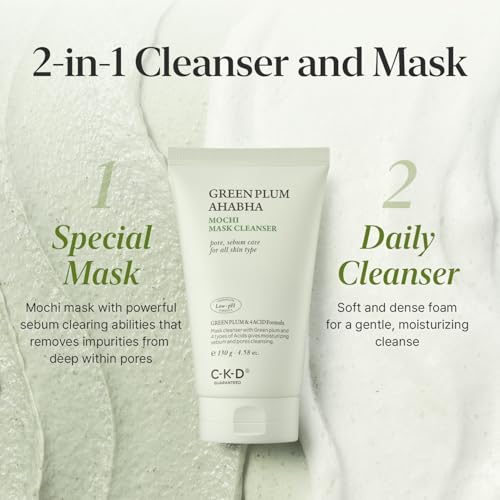 CKD Green Plum AHA¡¤BHA Clay Mask Cleanser - All in One, Korean Face Wash + Makeup Remover + Gentle Scrub with Controls Sebum, Tightens Pores, Removes Blackheads. All Skin Types. 4.58 oz