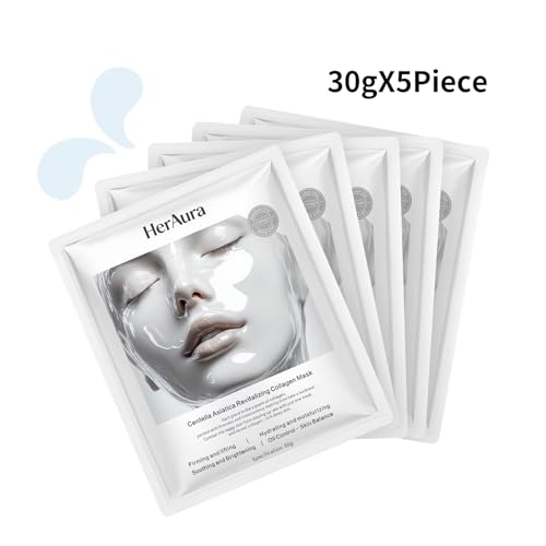 Centella Asiatica Hydrating Collagen Hydrogel Mask 5-Pack - Soothing and Firming Face Mask with Niacinamide, Vitamin C and 200Da Bio-Collagen for Sensitive Skin, 30g Each