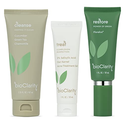 BioClarity 3-Step Acne Routine (Mini Size) for Oily or Acne-Prone Skin | 100% Clean, Vegan Ingredients. Includes Cleanser, Acne Treatment Gel with Salicylic Acid, and Restorative Green Gel