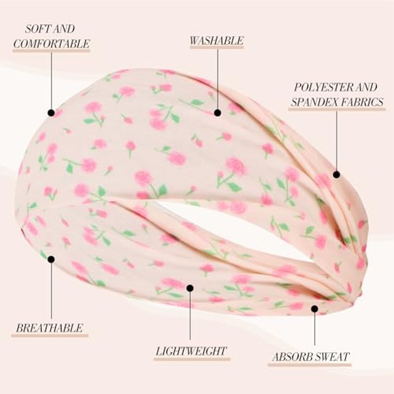8 Pack Pink Floral & Stripe Headbands for Girls - Non-Slip