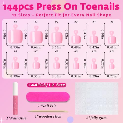 AddFavor Pink Press On Toenails - 144pcs 12 Sizes