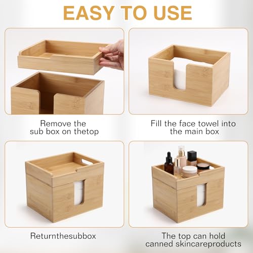 Bamboo Disposable Face Towel Holder with 2 Glass Jars - Open-Top Skincare Organizer for Facial Cleansing Wipes & Beauty Essentials - Bathroom Countertop Vanity Organizer