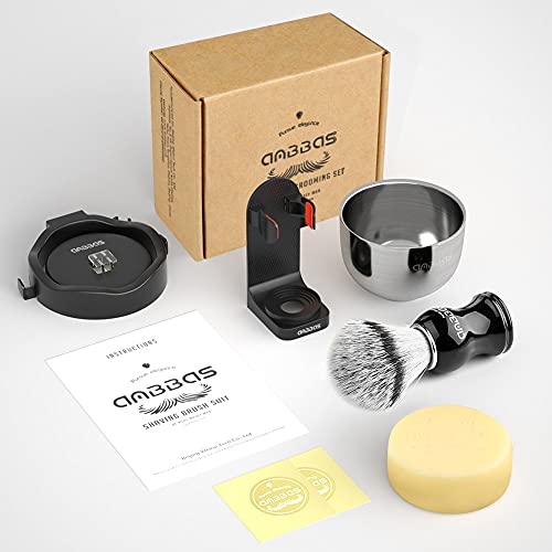 Anbbas Faux Badger Hair Shaving Brush and Bowl with Black ABS Wall Mounted Shaving Stand Holders for Soap Bowl and Brush,100g Soap Bar,5IN1 Set for Men Close Shave