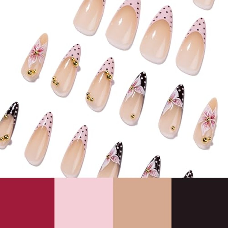 24Pc Long Stiletto Press On Nails - French Tip Floral