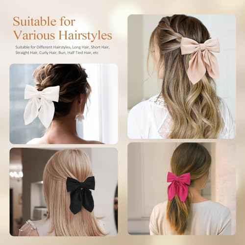 6Pcs Hair Bows for Women, Bow Hair Clips, Silky Satin Hair Bows for Girls, Pink Hair Ribbon, Cute Bow Clips for Women, Hair Accessories Chirstmas Gifts