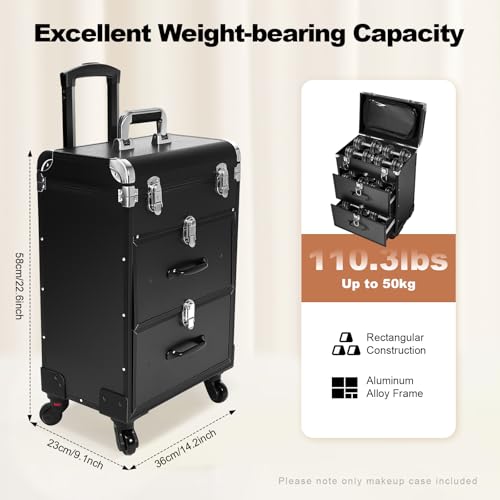 Lockable Rolling Makeup Train Case with 3 Drawers - 110lbs Capacity