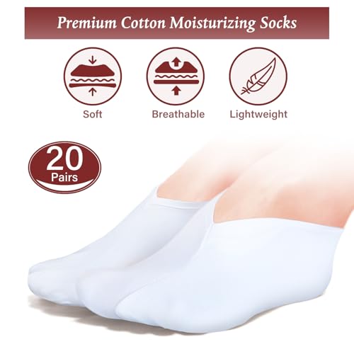 Geyoga 20 Pairs Moisturizing Socks Overnight for Dry Feet Spa Cotton Moisture Enhancing Cosmetic Socks for Women and Men, White