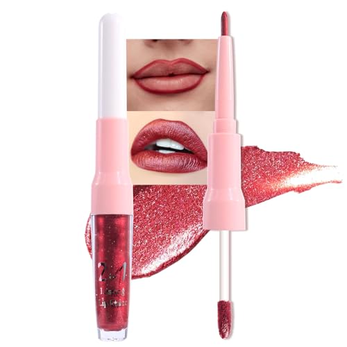 Dark Red Metallic Lip Liner & Lipstick Set - Waterproof Long-Lasting Makeup for Women