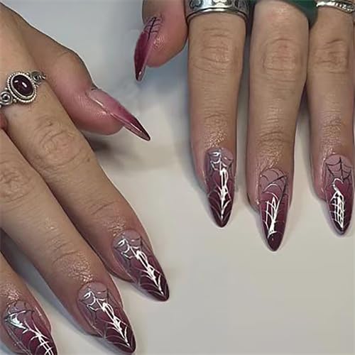 DOCVOEOMH Halloween Press on Nails Almond Short Medium Fake Glue ons Nails with Ombre Red Black Design Almond Shape Full Cover Artificial False Stick on Acrylic Nail for Women 24PCS