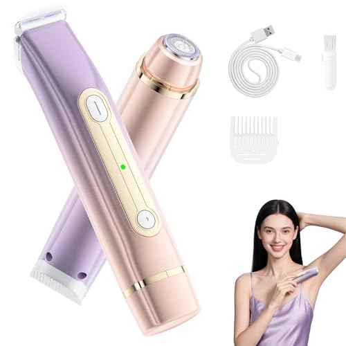 Bikini Trimmer for Women, 2-in-1 Electric Razor with Dual Heads, Ceramic Blade, Waterproof & Rechargeable, Painless Pubic Hair Shaver for Bikini, Underarm, Legs, Face ? PinkPurple