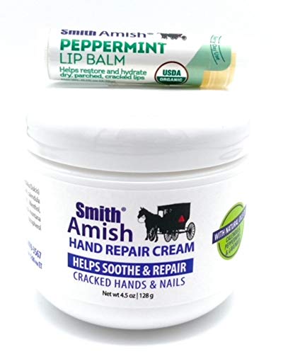 Smith Amish Hand Repair Cream 4.5 oz jar Plus Organic Peppermint Lip Balm.