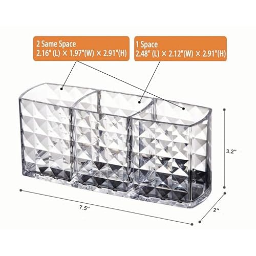 KNC 3 Compartment Acrylic Cosmetic Brushes Storage,Makeup Brush Holder Organizer,Perfect Bathroom Vanity Storage Solution for Makeup Brushes,Eyebrow Pencils,Lipsticks,Nail Polishes, and More