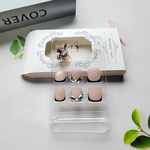 YIHONGYAN Style A24 Black French Tips Press-On Nails Kit with 3D Rhinestones, 24 pcs