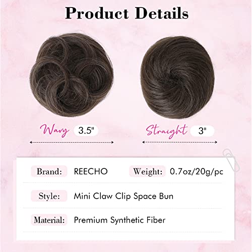 REECHO Space Bun Hair Pieces, 2 PCS Mini Claw Clip in Messy & Cat Ears Fake Hair Bun Extensions HB001 Wig Accessory Updo Hairpieces for Women Girls (Pack of 2-3.5" Wavy, Black Brown)