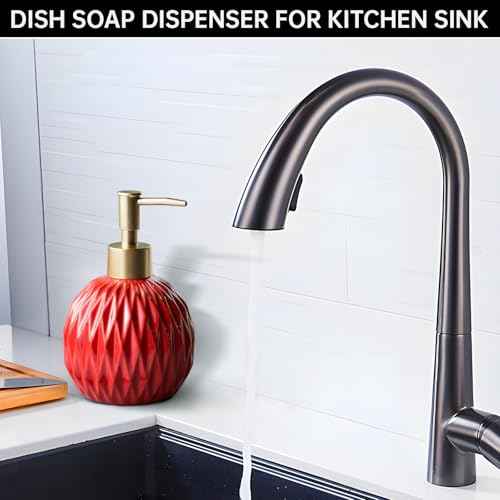 Ceramics Gold Soap Dispenser for Bathroom, Relief Soap Dispenser for Kitchen Sink, 400ml/13.5Oz Refillable Liquid Hand Soap Bottle with Gold Pump (Red).