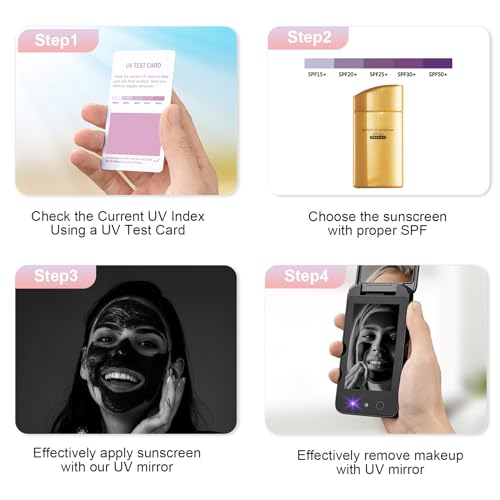 Vanexiss UV Camera for Sunscreen Test UV Mirror Sunscreen Camera, 4 Inch Vanity Mirror Rechargeable Compact Travel Makeup Mirror Handheld Double-Sided Pocket Mirror for Skin Protection(Dark Black)