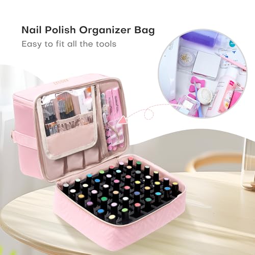 Leudes Nail Polish Organizer and Storage Holder 42 Bottles&Manicure Kit &Nail Lamp,Nail Stuff Bag Organizer Travel Case for Nail Tech Supplies Accessories Manicure Tools (Pink)