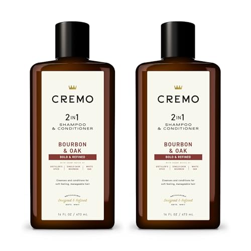 Cremo Bourbon & Oak Barber Grade 2-in-1 Shampoo & Conditioner, 16 Fl Oz (2-Pack) - A Sophisticated Blend of Distiller¡¯s Spice, Fine Bourbon and White Oak
