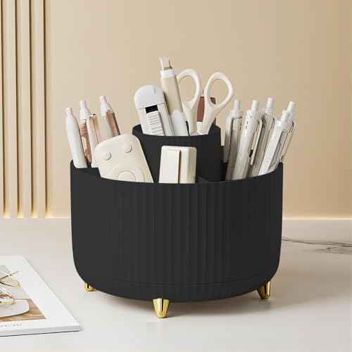 DASITON Large Capacity Makeup Brush Holder,360¡Æ Rotating Makeup Organizer,5 Slot Makeup Brushes Cup,for Vanity Decor,Bathroom Countertops,Desk Storage Container,Cosmetic Display cases(Black)