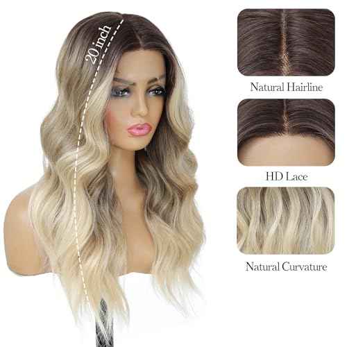 Ombre Blonde Balayage 613 Wavy Wig for Women 20 Inch Middle Part Lace Frontal Wig HD Lace Natural Looking Synthetic Heat Resistant Fiber Wig