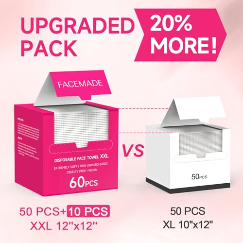 FACEMADE XXL Disposable Face Towels 60ct, 12x12 – Soft & Lint-Free