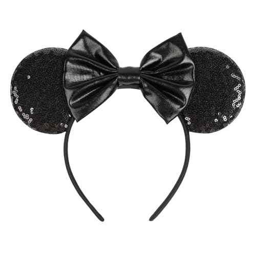 WOVOWOVO Mouse Ears Headbands for Women Black Bow Mouse ear Headband Sequin Hairbands Halloween Christmas Birthdays Party Hair Accessories