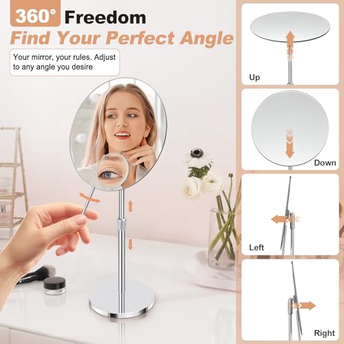 8" HD Makeup Mirror with Swivel & Adjustable Height (13-18"), Bonus 10X Magnifying Suction Cup Vanity Mirror for Precision Grooming & Shaving, Chrome Finish for Tabletop & Bedroom£¨No Light£©