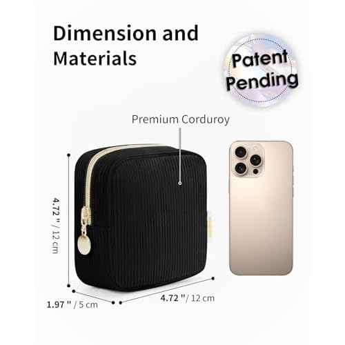 Wandering Nature Small Makeup Bag for Purse Mini Make up Pouch Cute Cosmetic Pouch for Women with Slip-in Pockets Corduroy, Black