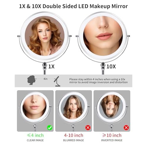 9" Lighted Makeup Mirror,1X/10X Magnifying Vanity Mirror with Height & Brightness Adjustable,Rechargable Makeup Mirror,360¡ÆRotation Double Sided Standing Desk Mirror (Polish Chrome)