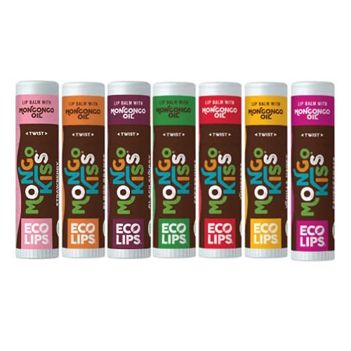 Eco Lips Mongo Kiss Organic Lip Balm 7 Pack - Blood Orange, Black Cherry, Pomegranate, Vanilla Honey, Peppermint, Strawberry Lavender, Yumberry | Mongongo Oil to Soothe & Moisturize Dry, Cracked Lips